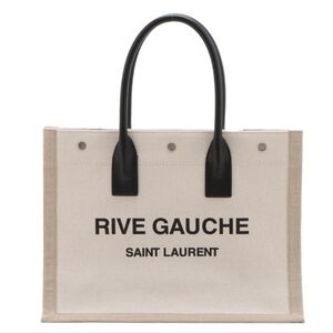 Saint Laurent Rive Gauche New North South Tote in Black Tan Ivory Canvas Leather
